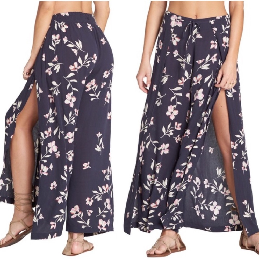 Billabong Adventure Spirit Side Slit Wide Leg Tropical Floral Flowy Pants, M